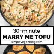 Marry Me Tofu in a skillet, garnished with chopped basil, with a bowl of basil on the side.
