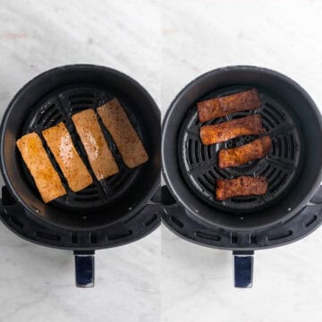 Step-by-step photos showing how to cook tofu bacon in the air fryer.