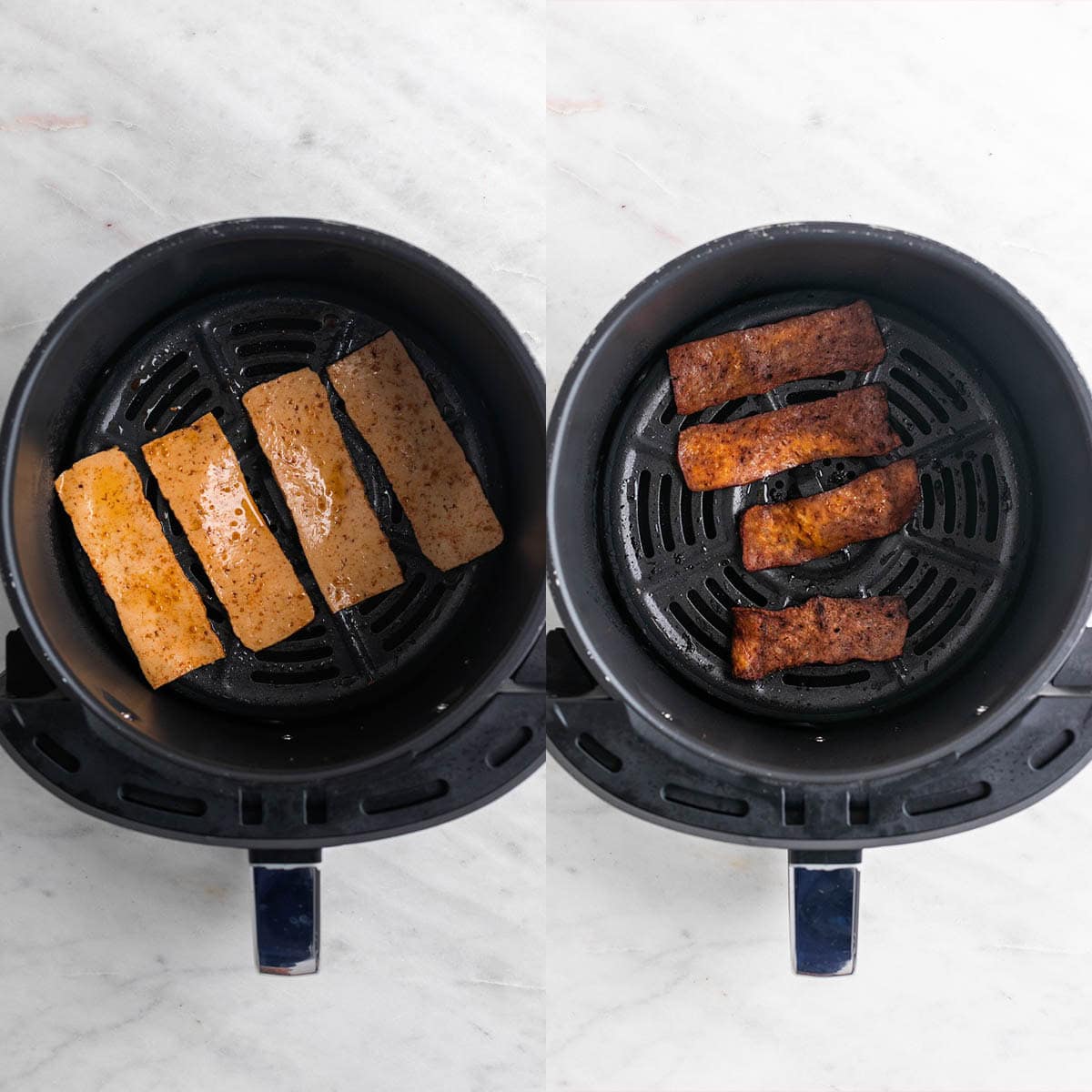 Step-by-step photos showing how to cook tofu bacon in the air fryer.