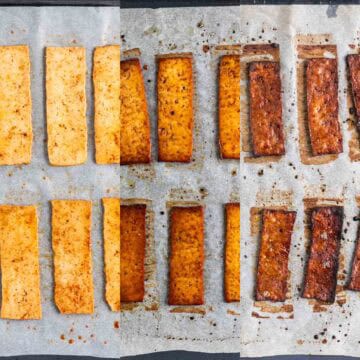 Step-by-step photos showing how to cook tofu bacon in the oven.
