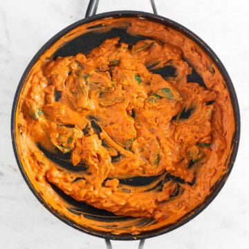 Vegan pasta sauce in a skillet.