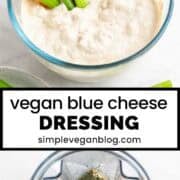 Bowl with vegan blue cheese dressing, surrounded by celery and carrot sticks.