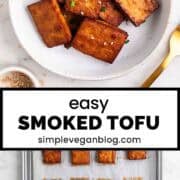 Smoked tofu garnished with chives and sesame seeds, with extra around and a fork.