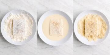 Triptych showing a tofu piece being coated in each of the three shallow dishes.