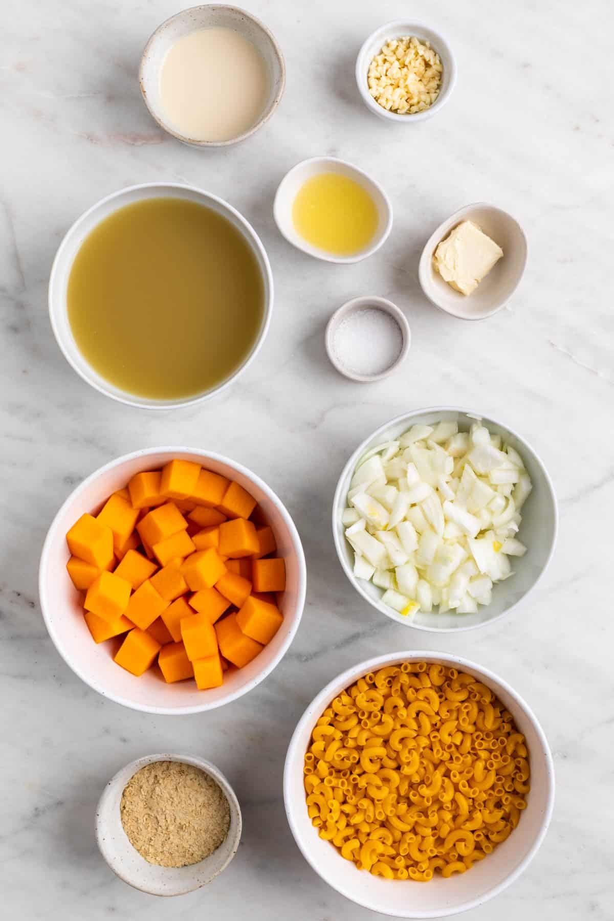 Ingredients for making vegan butternut squash mac and cheese.