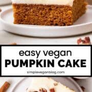 Vegan pumpkin cake slice topped with cream cheese frosting on a plate.