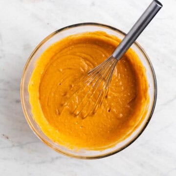 Vegan pumpkin cake batter in a bowl.