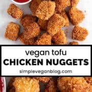 Tofu chicken nuggets with ketchup and one nugget cut open to show the inside.