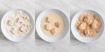 Triptych showing tofu chunks being coated in each of the three shallow dishes.