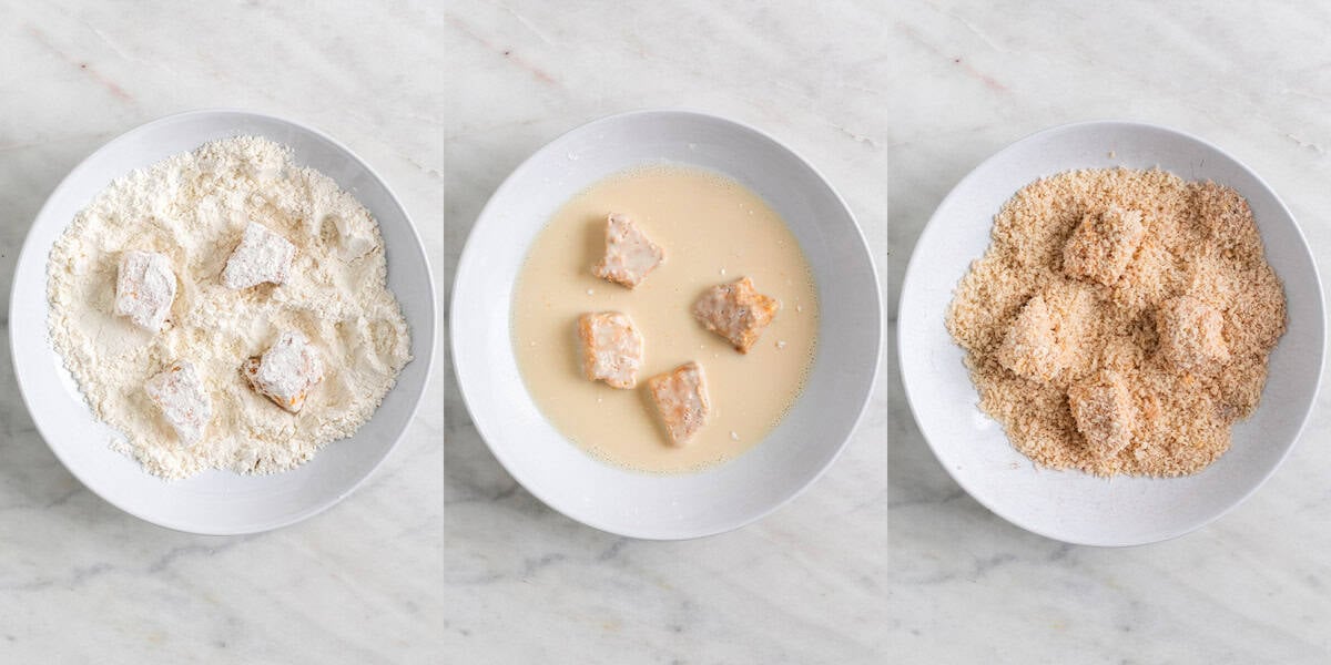 Triptych showing tofu chunks being coated in each of the three shallow dishes.