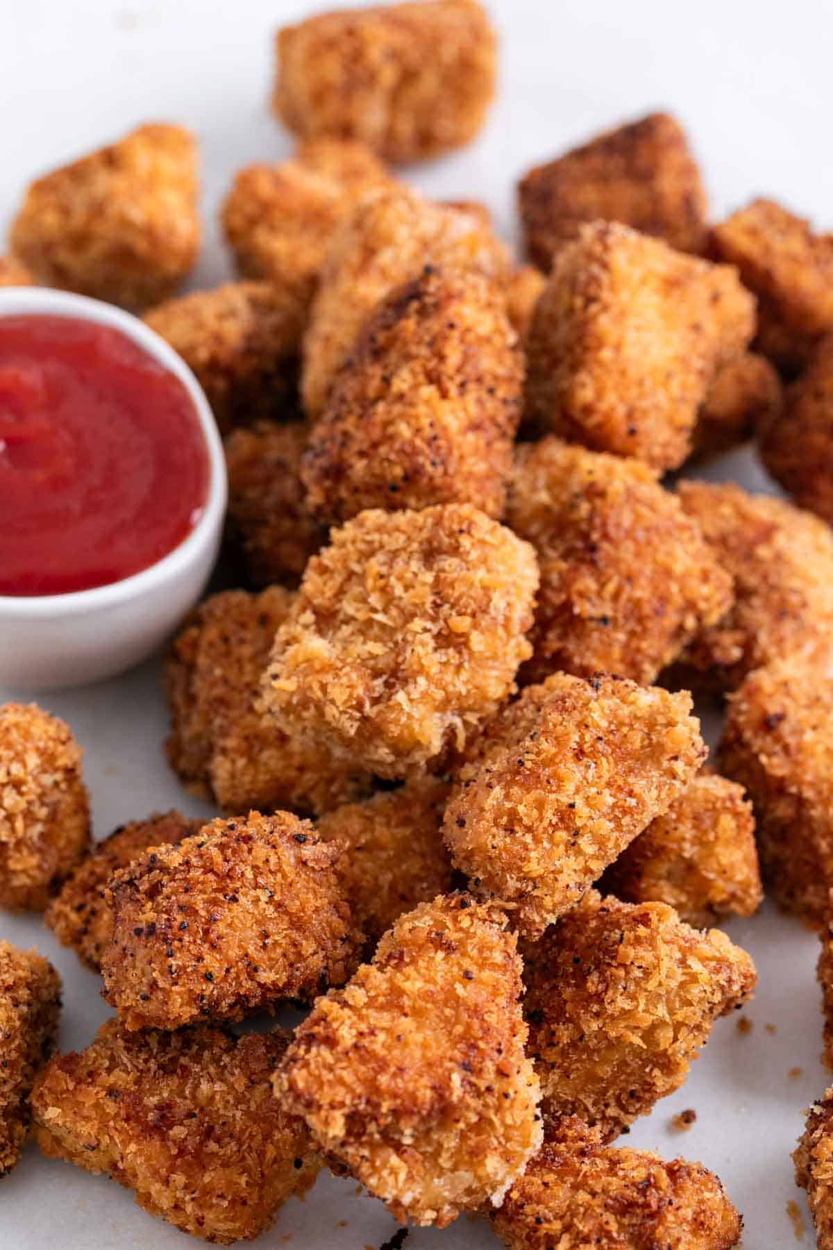 Tofu chicken nuggets with ketchup on the side.