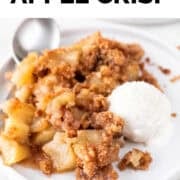 Serving of vegan apple crisp with vegan vanilla ice cream and a spoon on a plate.