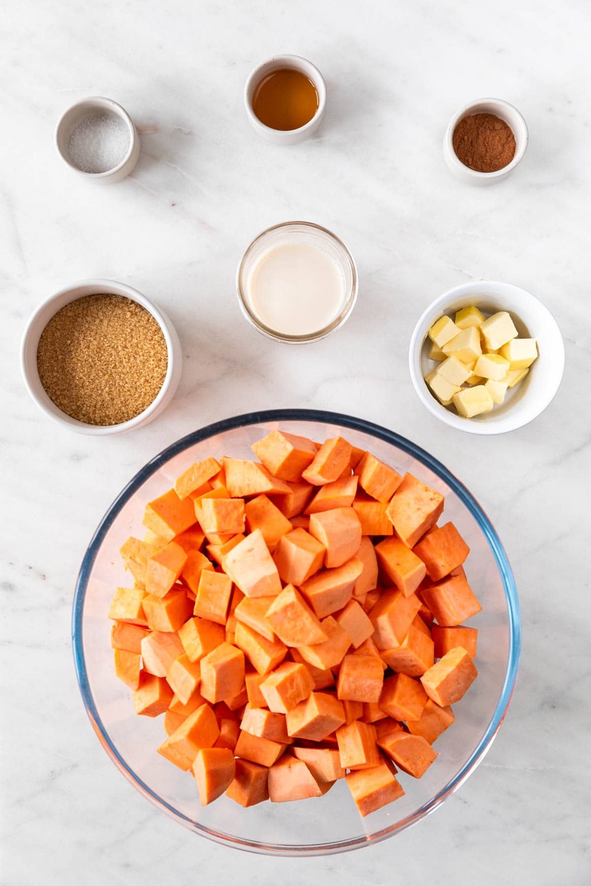 Ingredients needed to make the vegan sweet potato casserole filling.