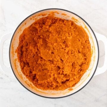 Vegan sweet potato casserole filling in a pot.