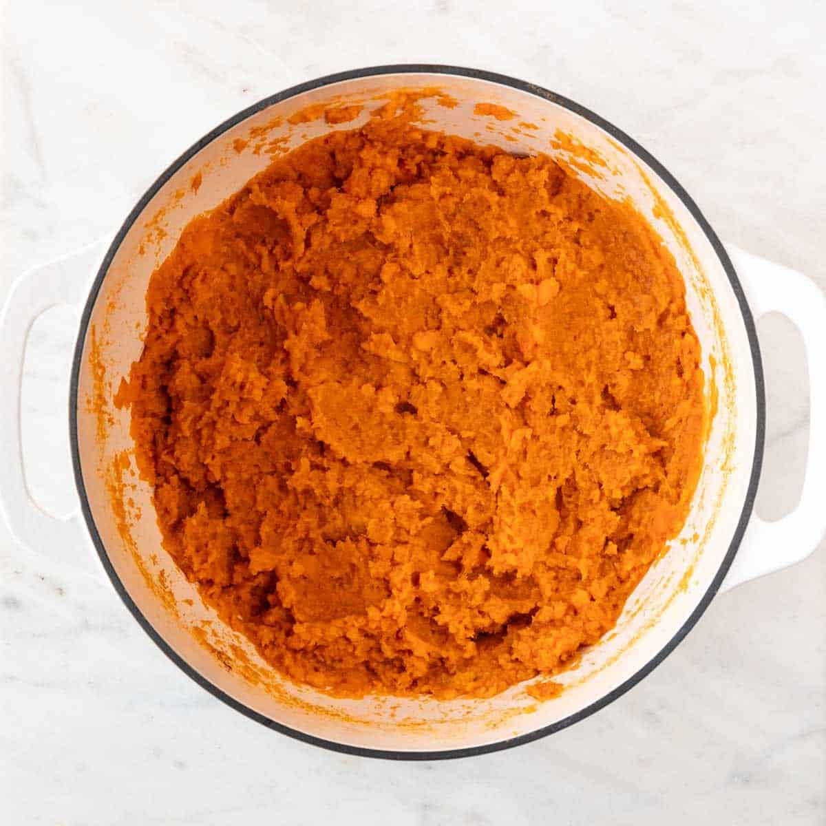 Vegan sweet potato casserole filling in a pot.