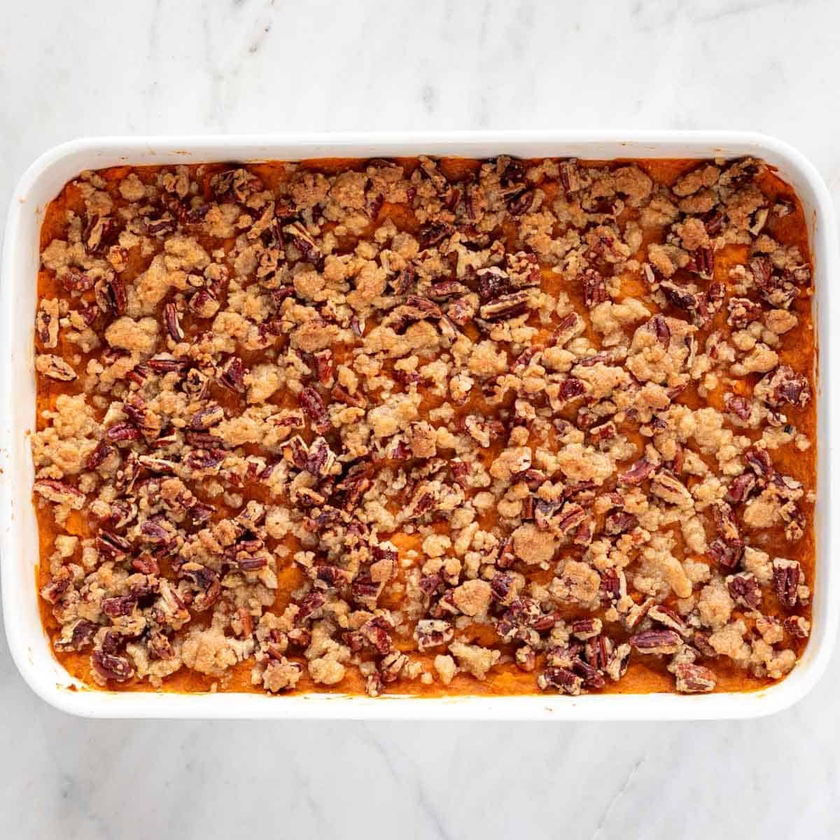 Vegan sweet potato casserole after baking.