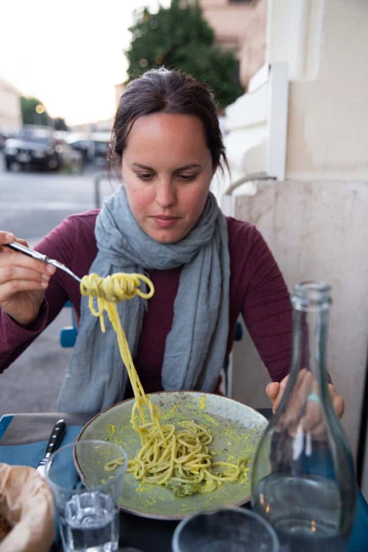 Iosune eating pasta.