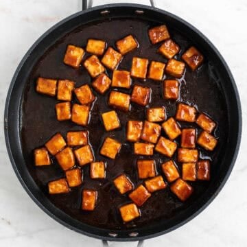 Teriyaki tofu in a pan.