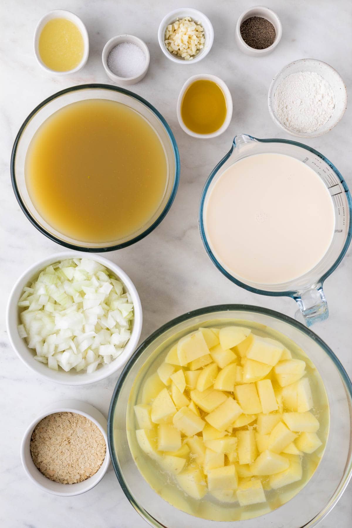 Ingredients for making vegan potato soup.