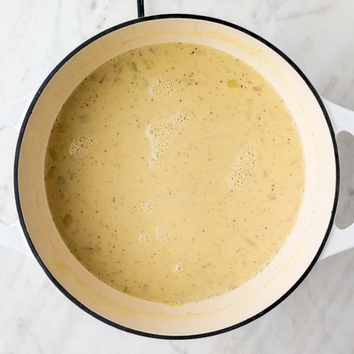 Plant milk, salt, and pepper added to the soup base in a pot.