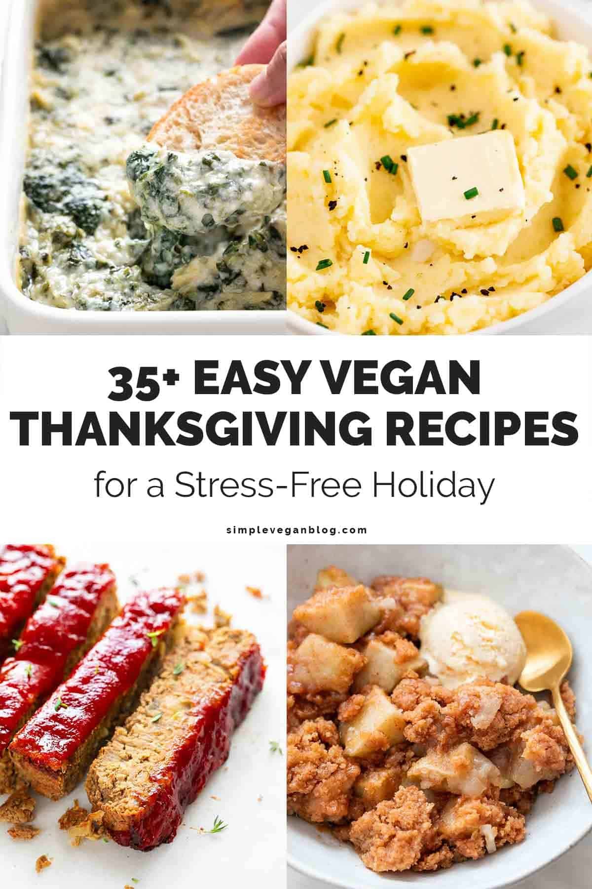 Image collage showcasing four plant-based Thanksgiving recipes from the 35+ recipe roundup.