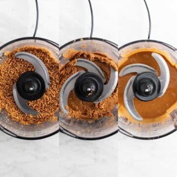 Three-photo collage of hazelnuts blending into hazelnut butter.