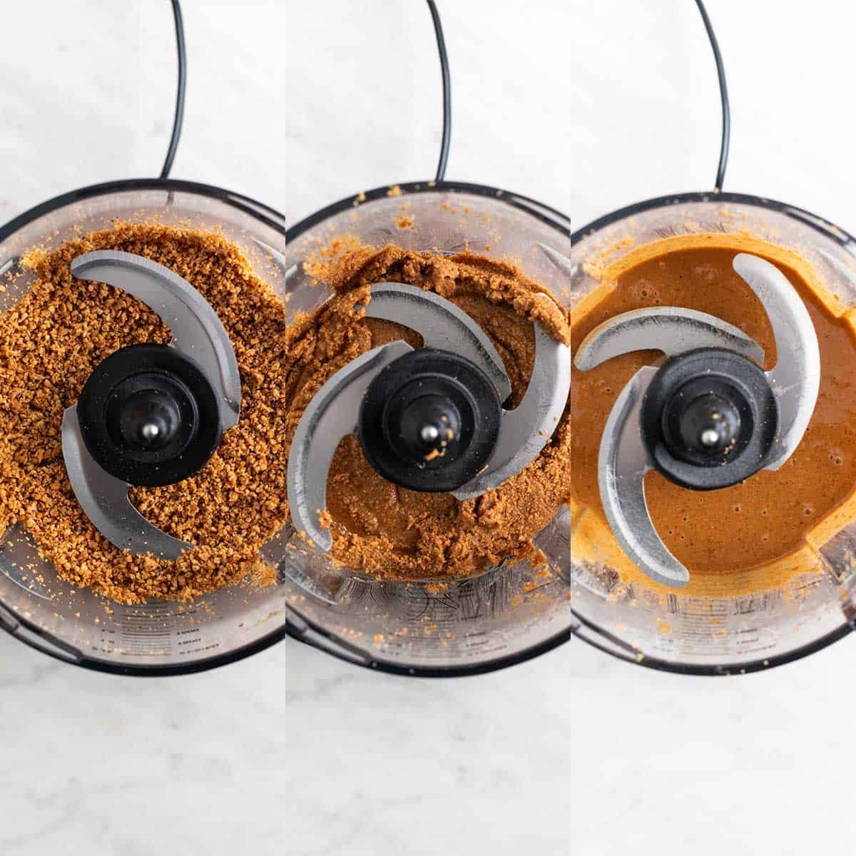 Three-photo collage of hazelnuts blending into hazelnut butter.