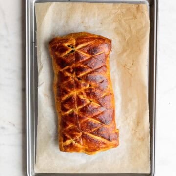 Baked mushroom Wellington golden and puffed.