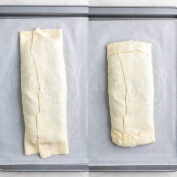 Puff pastry folded over the filling and sealed.