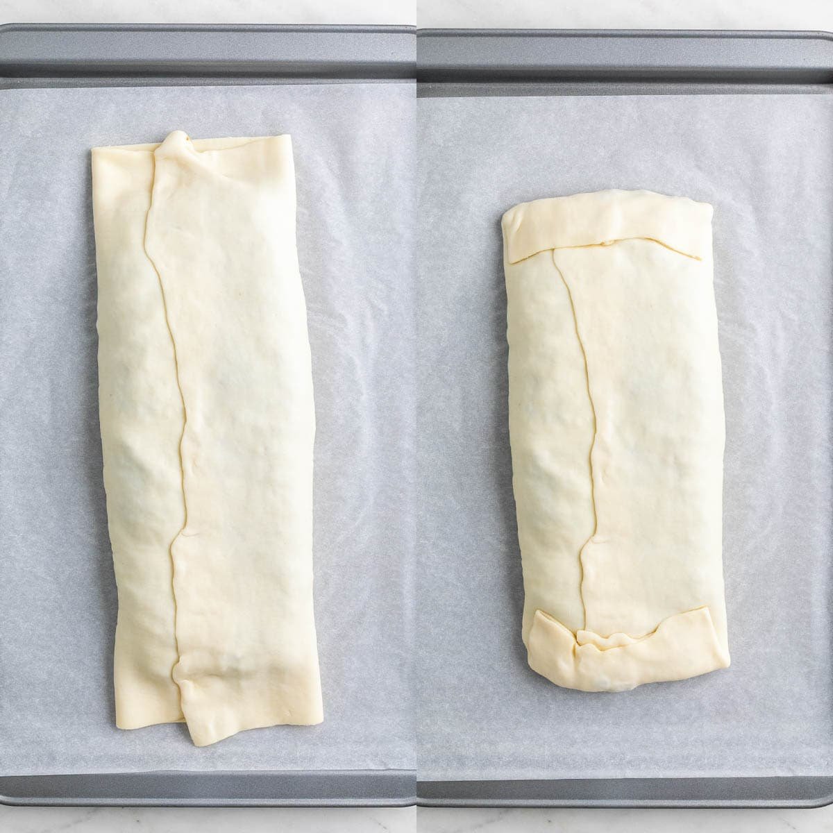 Puff pastry folded over the filling and sealed.