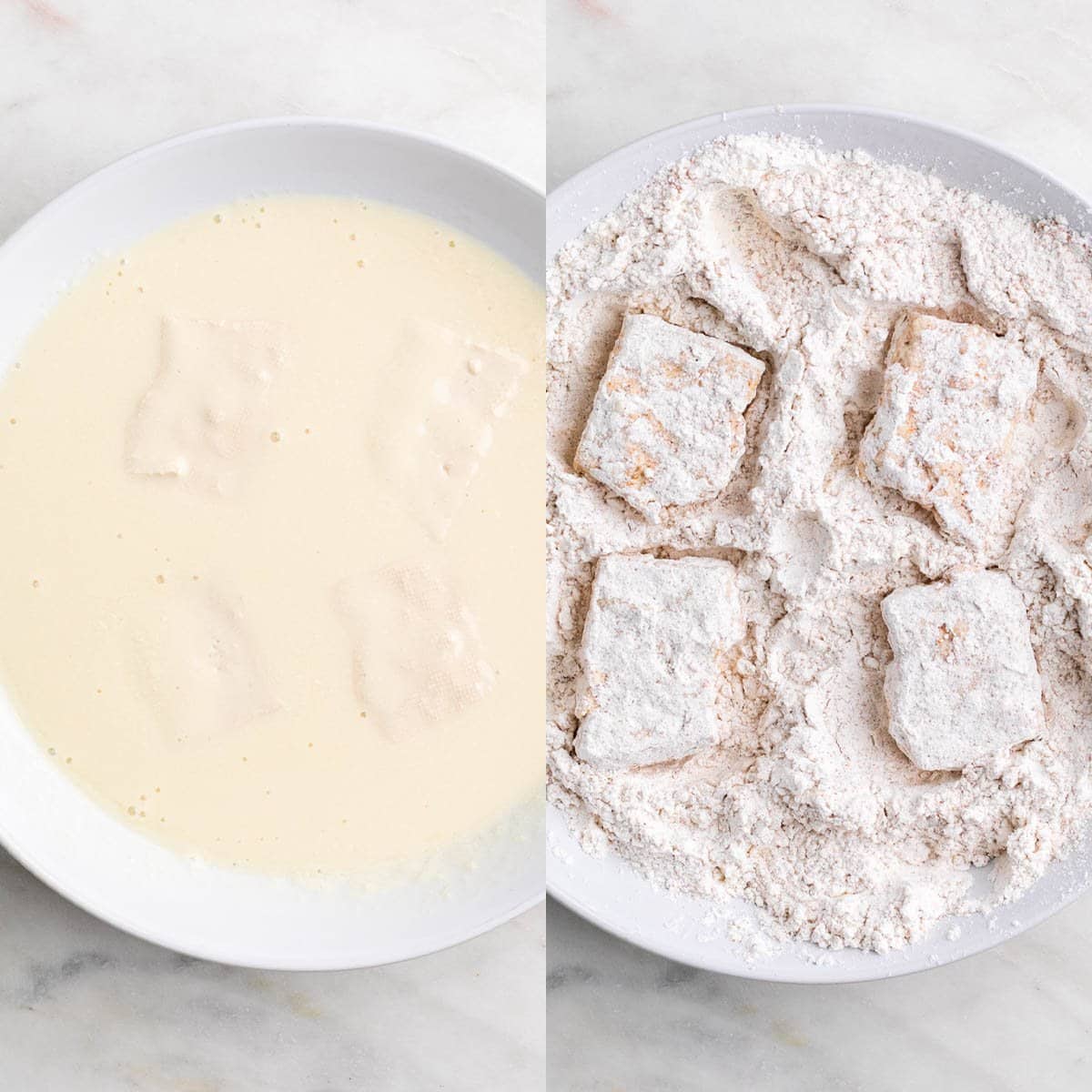 Breading tofu in vegan buttermilk and flour mixture.