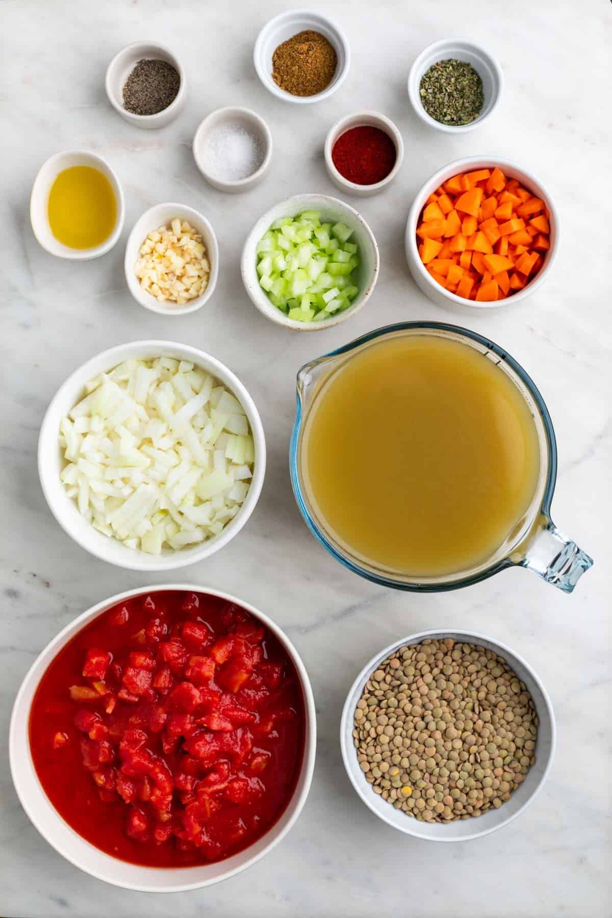 Ingredients to make vegan lentil soup.