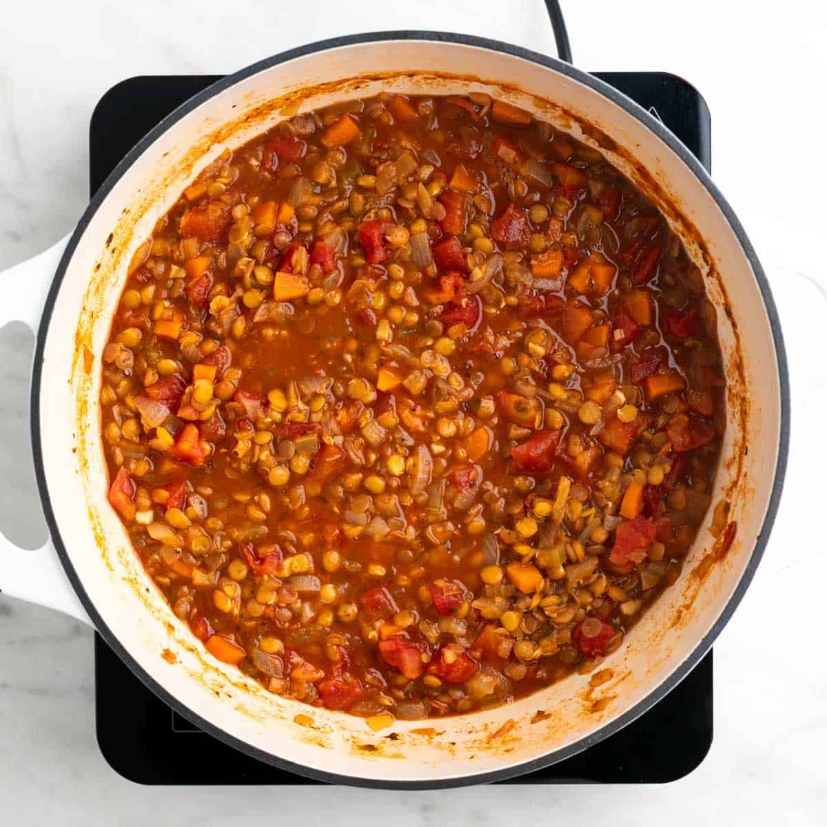 Cooked vegan lentil soup seasoned with salt and black pepper in a large pot.