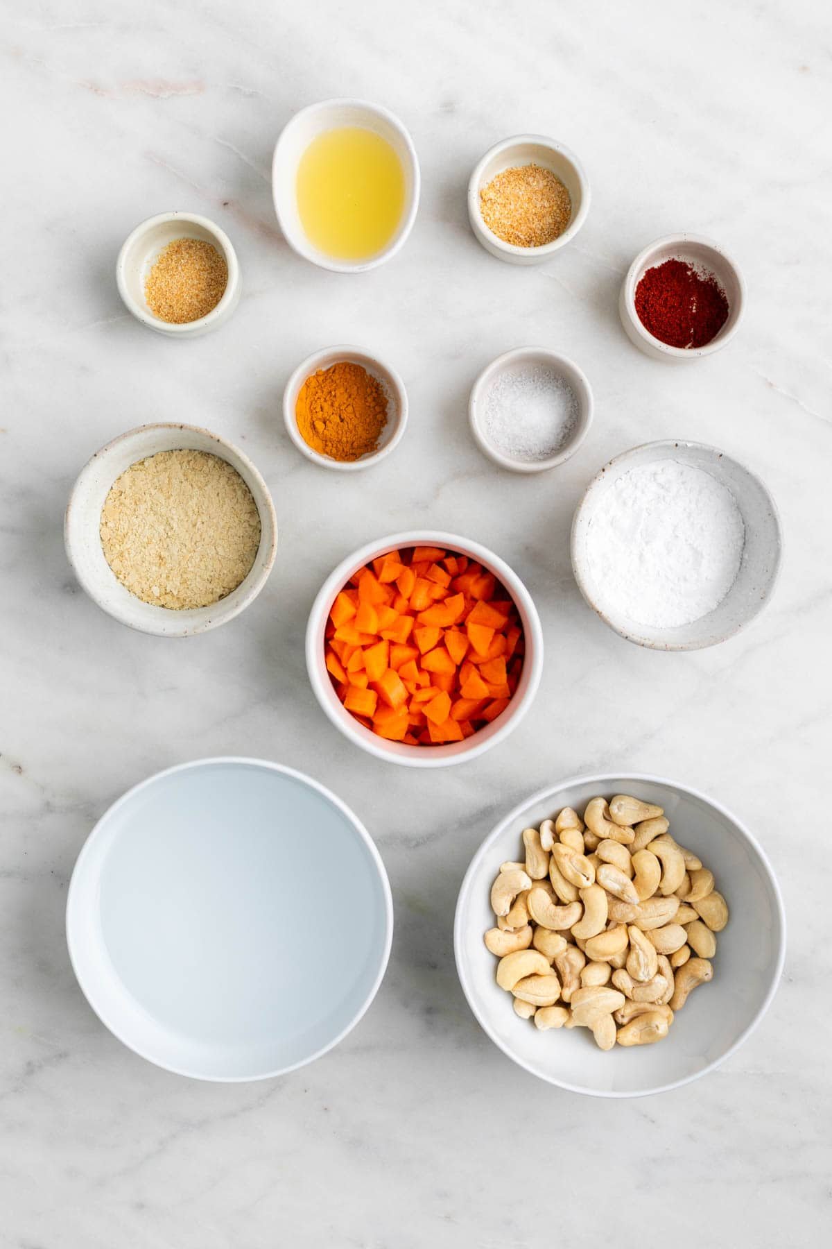 Ingredients to make vegan cheddar cheese spread.