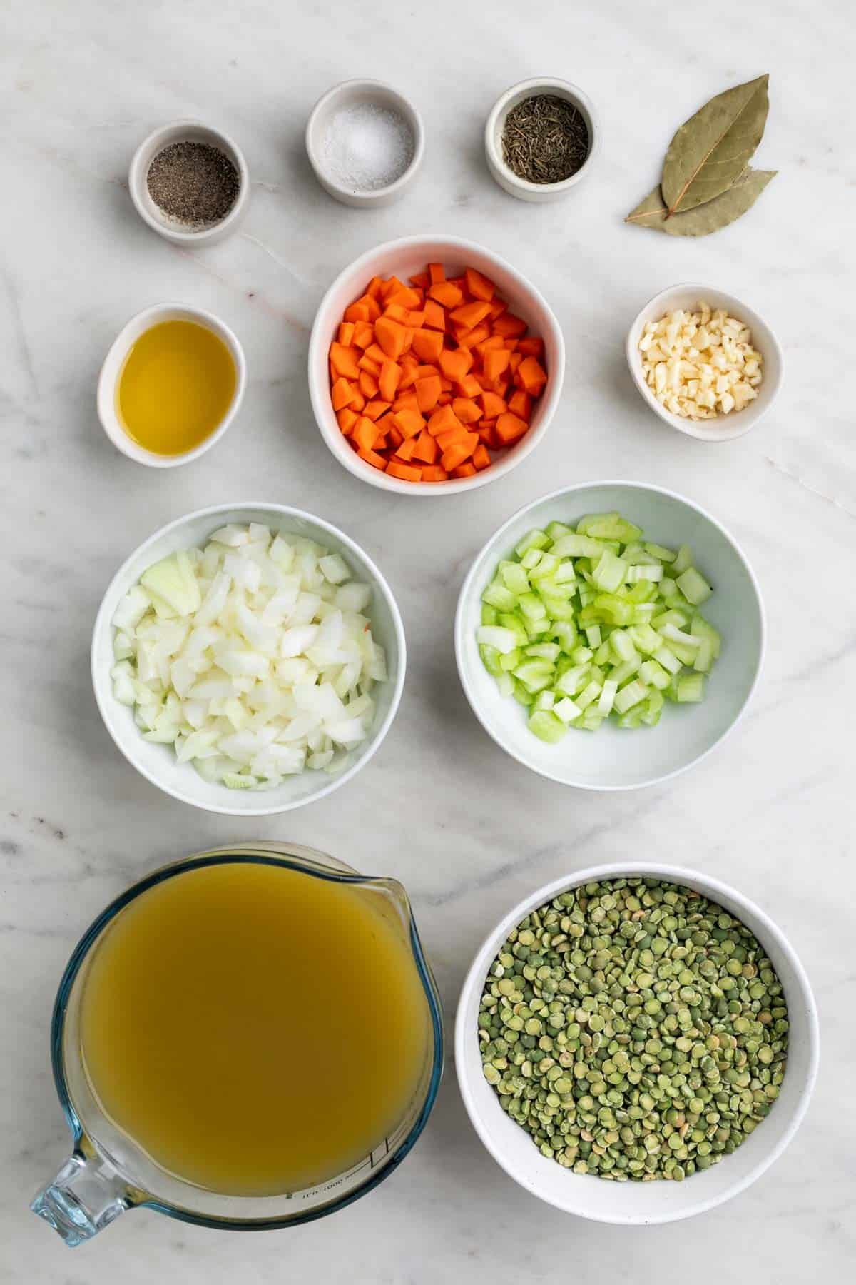 Ingredients to make vegan split pea soup.