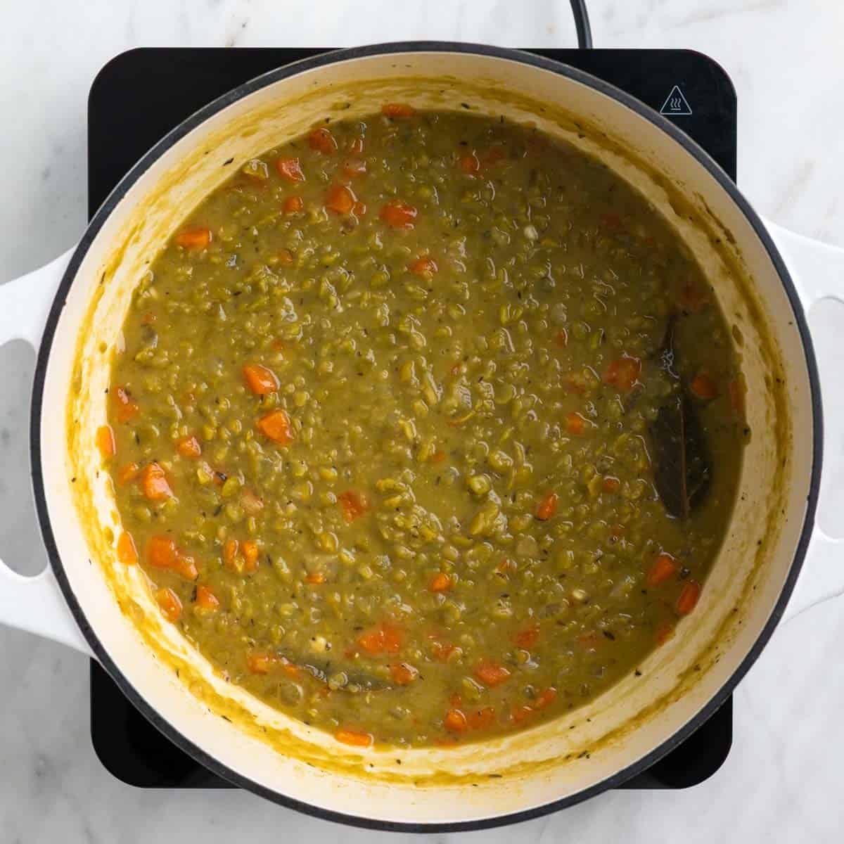Vegan split pea soup in a pot.