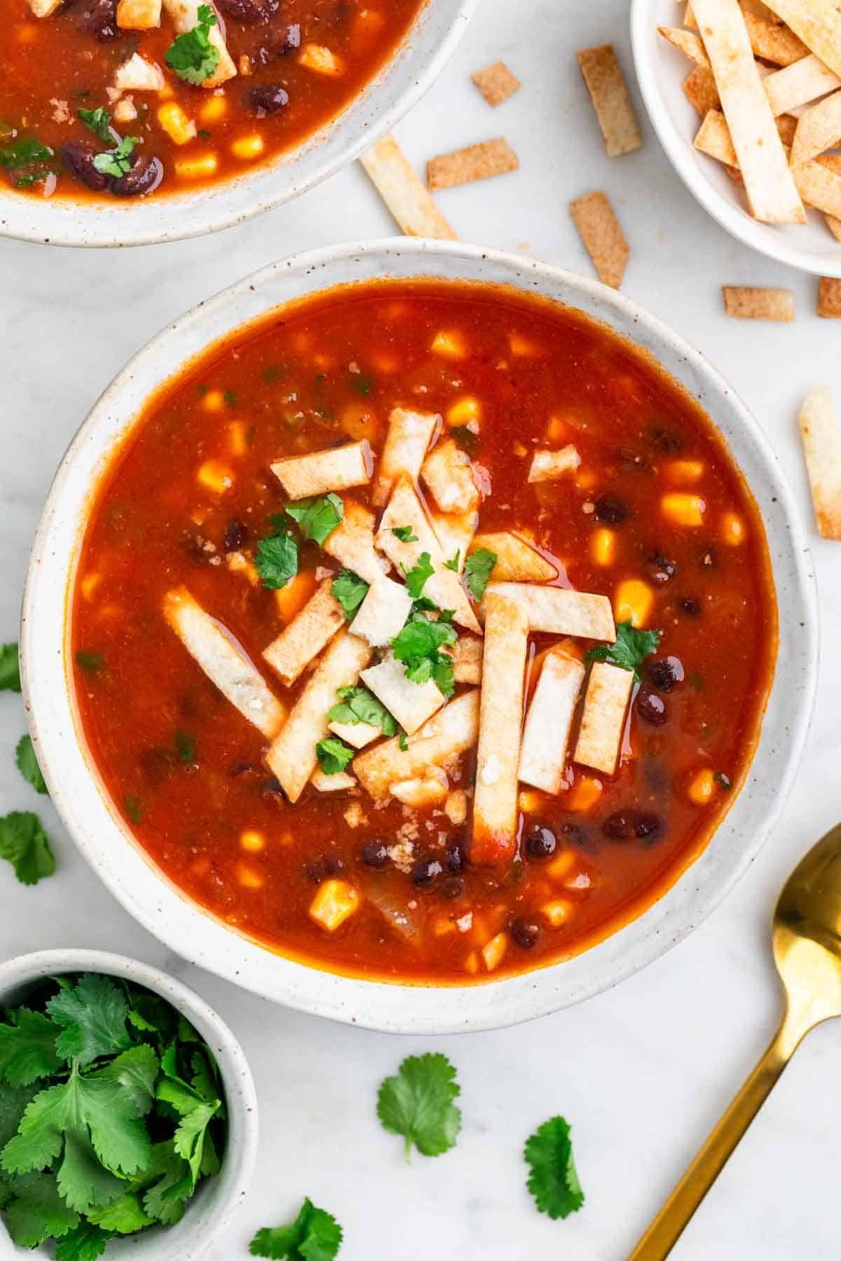 Two bowls of tortilla soup garnished with crispy strips and herbs.