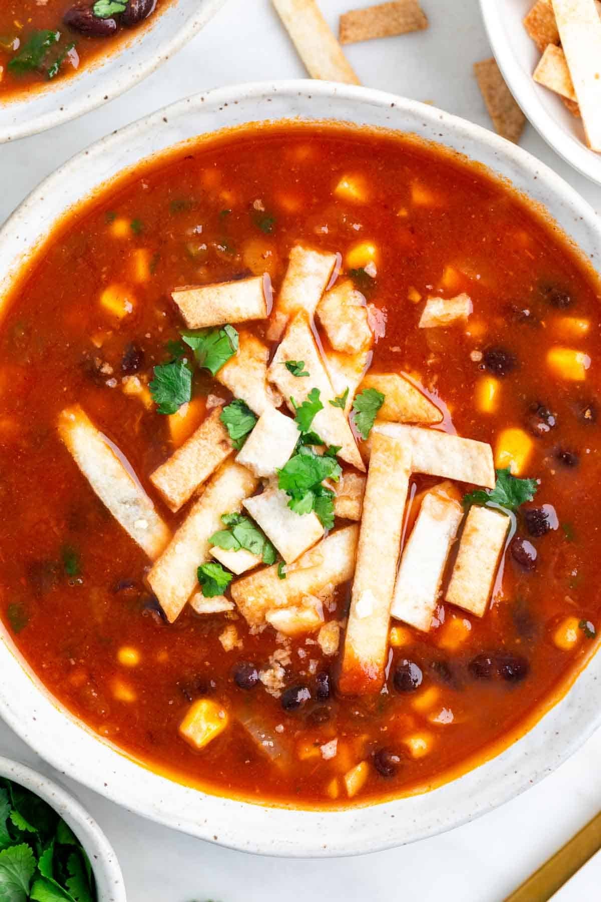 Close-up of vegan tortilla soup with tortilla strips and fresh cilantro.