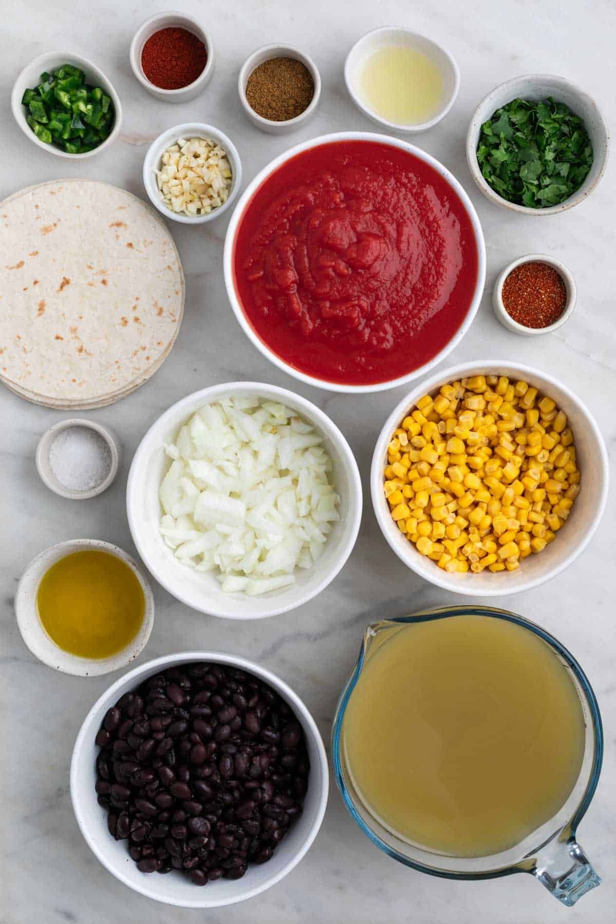 Ingredients for vegan tortilla soup.