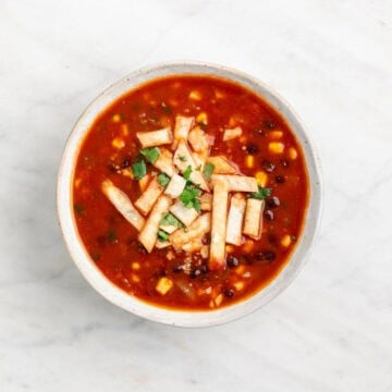 Bowl of vegan tortilla soup topped with crispy tortilla strips and cilantro.