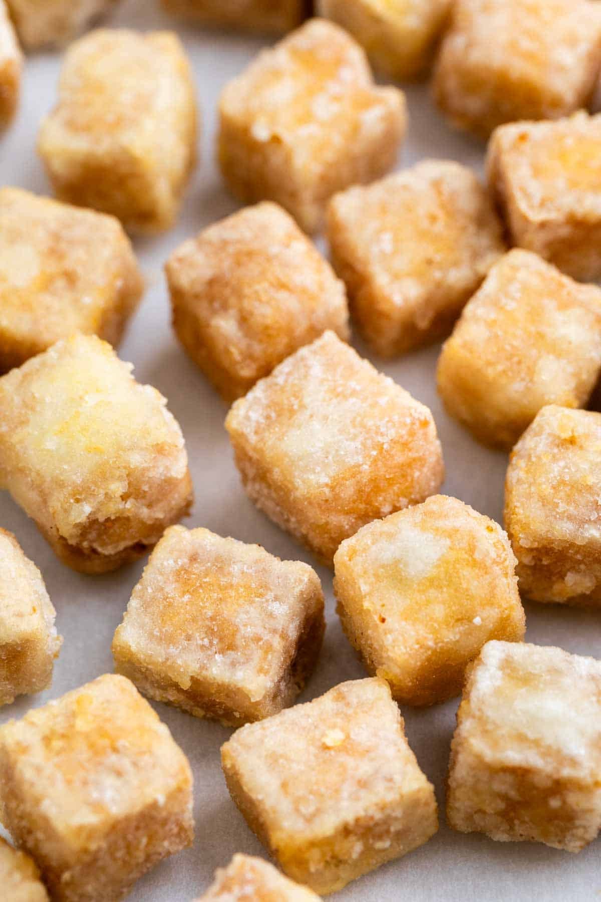 Homemade deep fried tofu cubes.