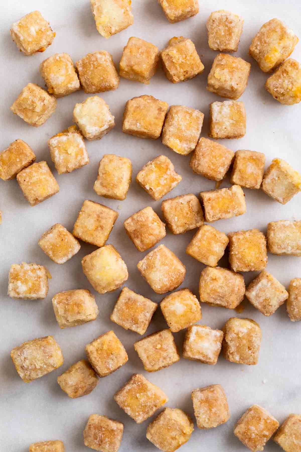 Deep fried tofu cubes with crispy coating.