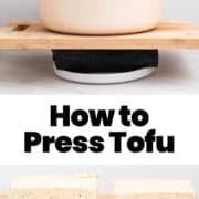 Pressing tofu with a towel and pot and pressed vs unpressed tofu.