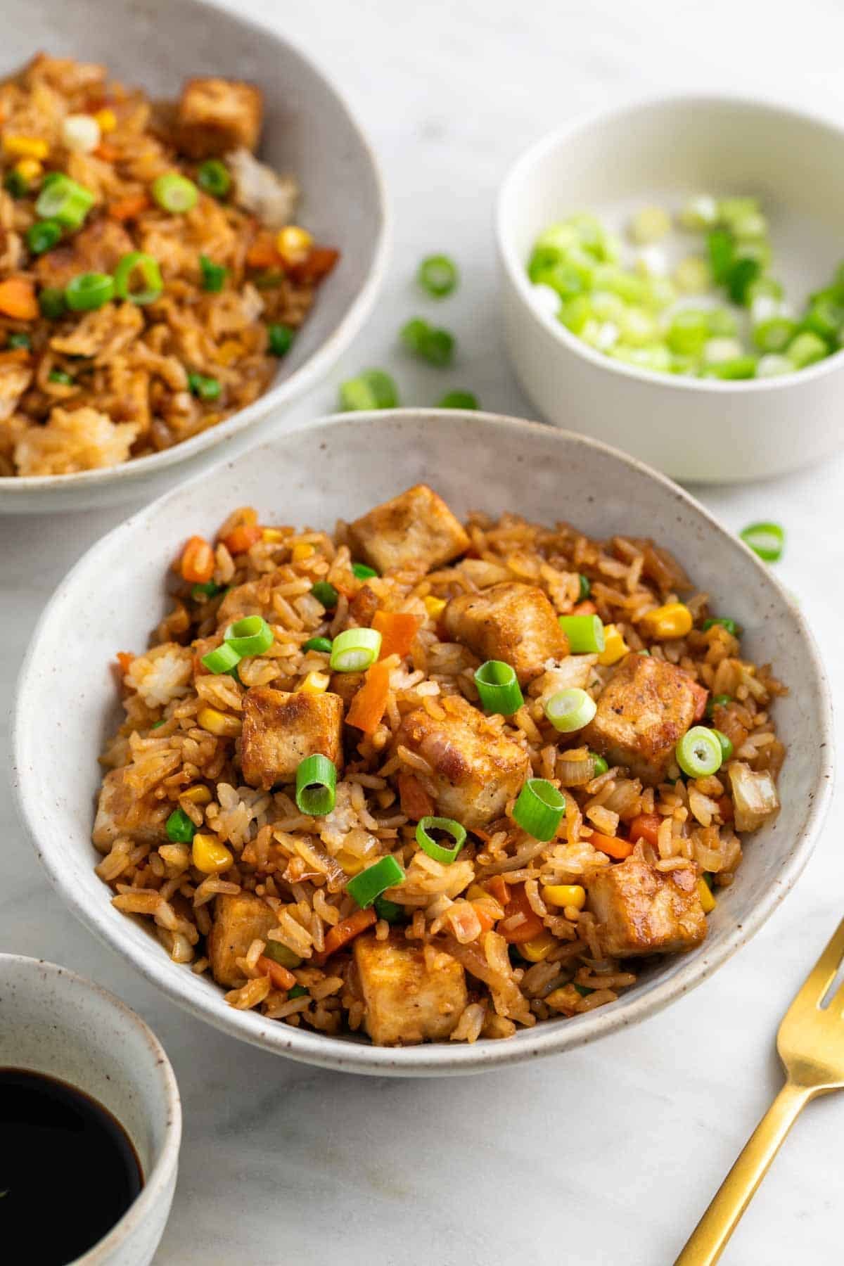 Tofu fried rice bowls with soy sauce and green onions.