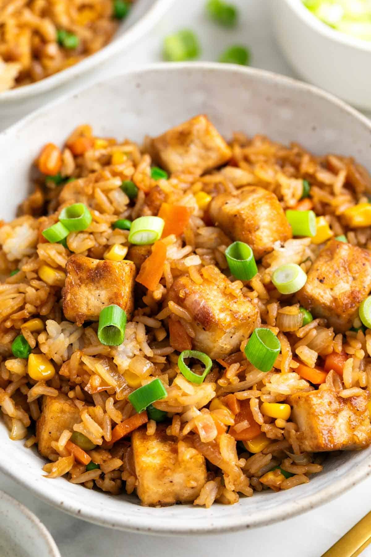 Two bowls of tofu fried rice with green onions on top.