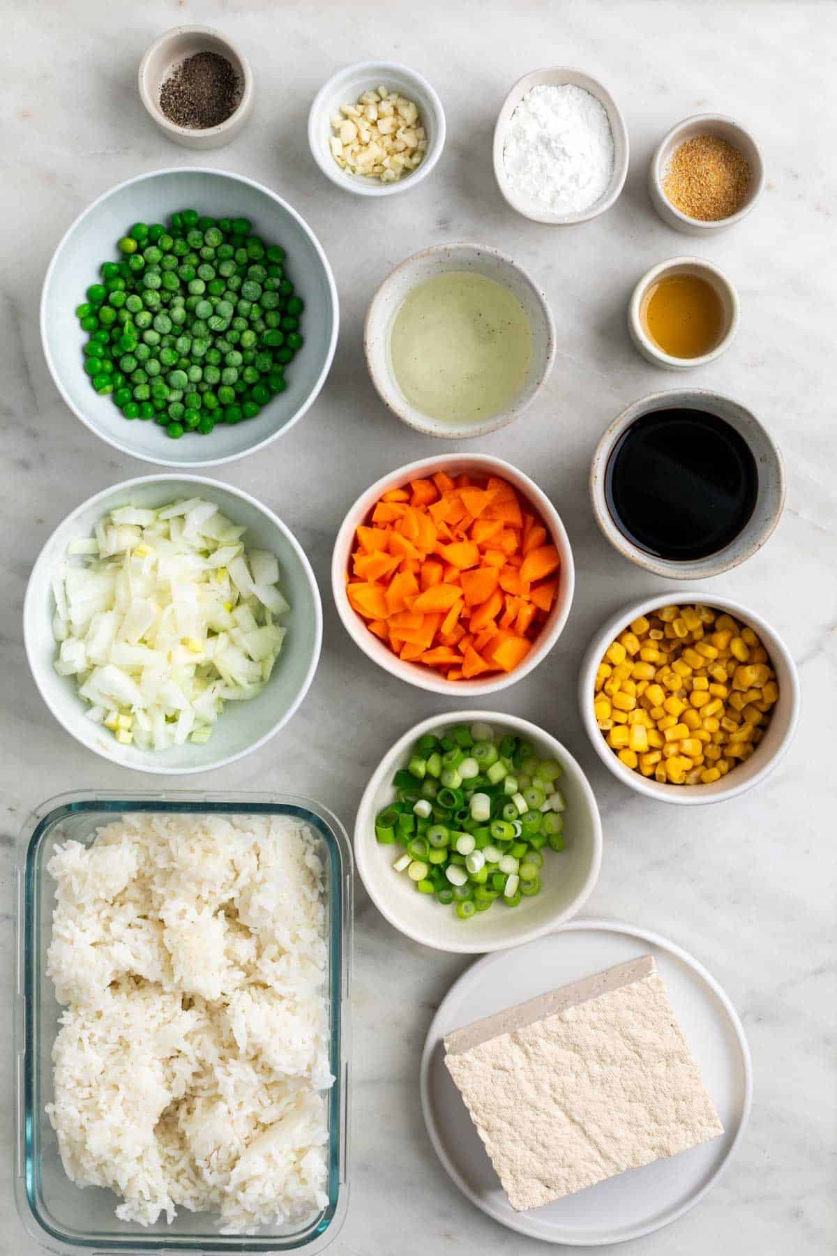 Ingredients for tofu fried rice.