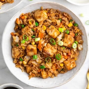Homemade tofu fried rice garnished with green onions.