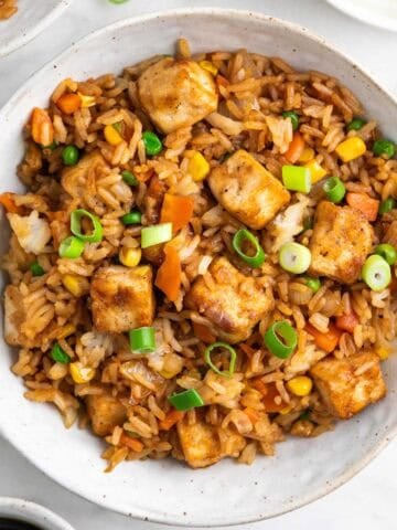 Homemade tofu fried rice garnished with green onions.