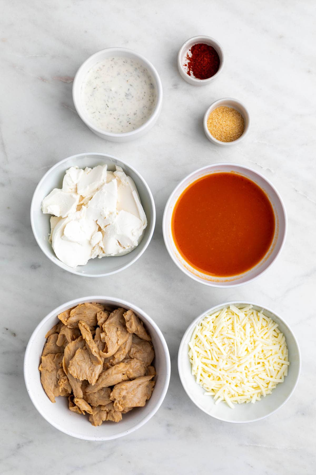 Ingredients to make vegan buffalo chicken dip.