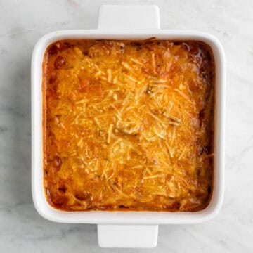 Baked vegan buffalo chicken dip hot and bubbly.